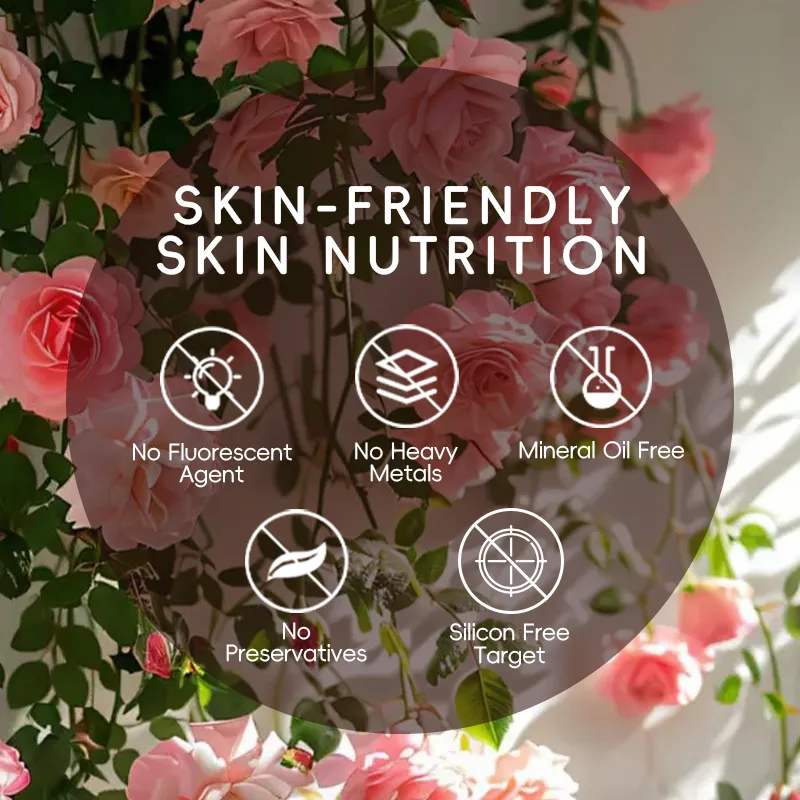 A circular design overlaying an image of pink roses with text highlighting skin-friendly features: No Fluorescent Agent, No Heavy Metals, Mineral Oil Free, No Preservatives, Silicon Free Target.